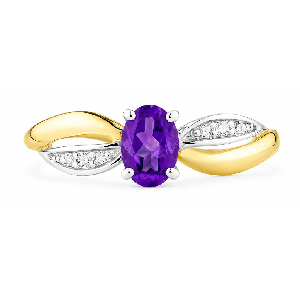 9ct Yellow Gold Amethyst Engagement Ring with Diamond Crossover Shoulders