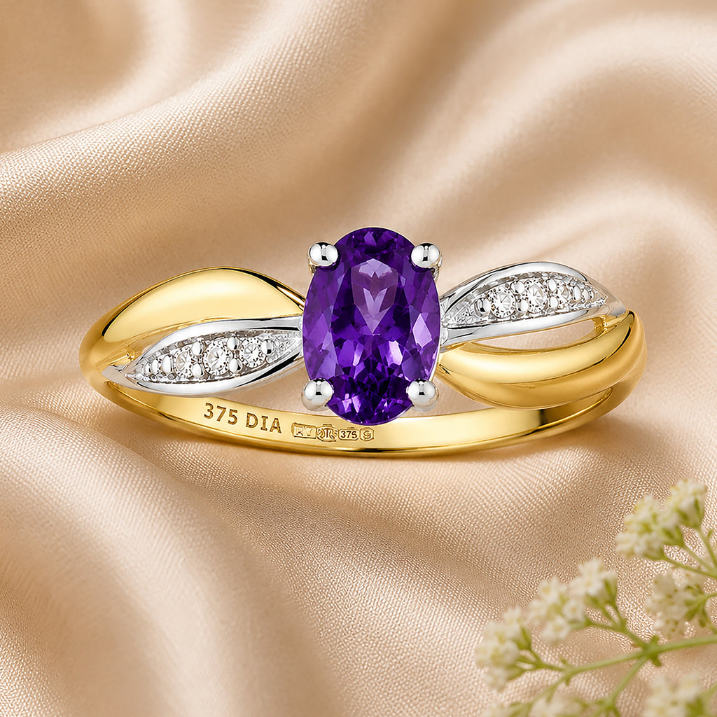 9ct Yellow Gold Amethyst Engagement Ring with Diamond Crossover Shoulders