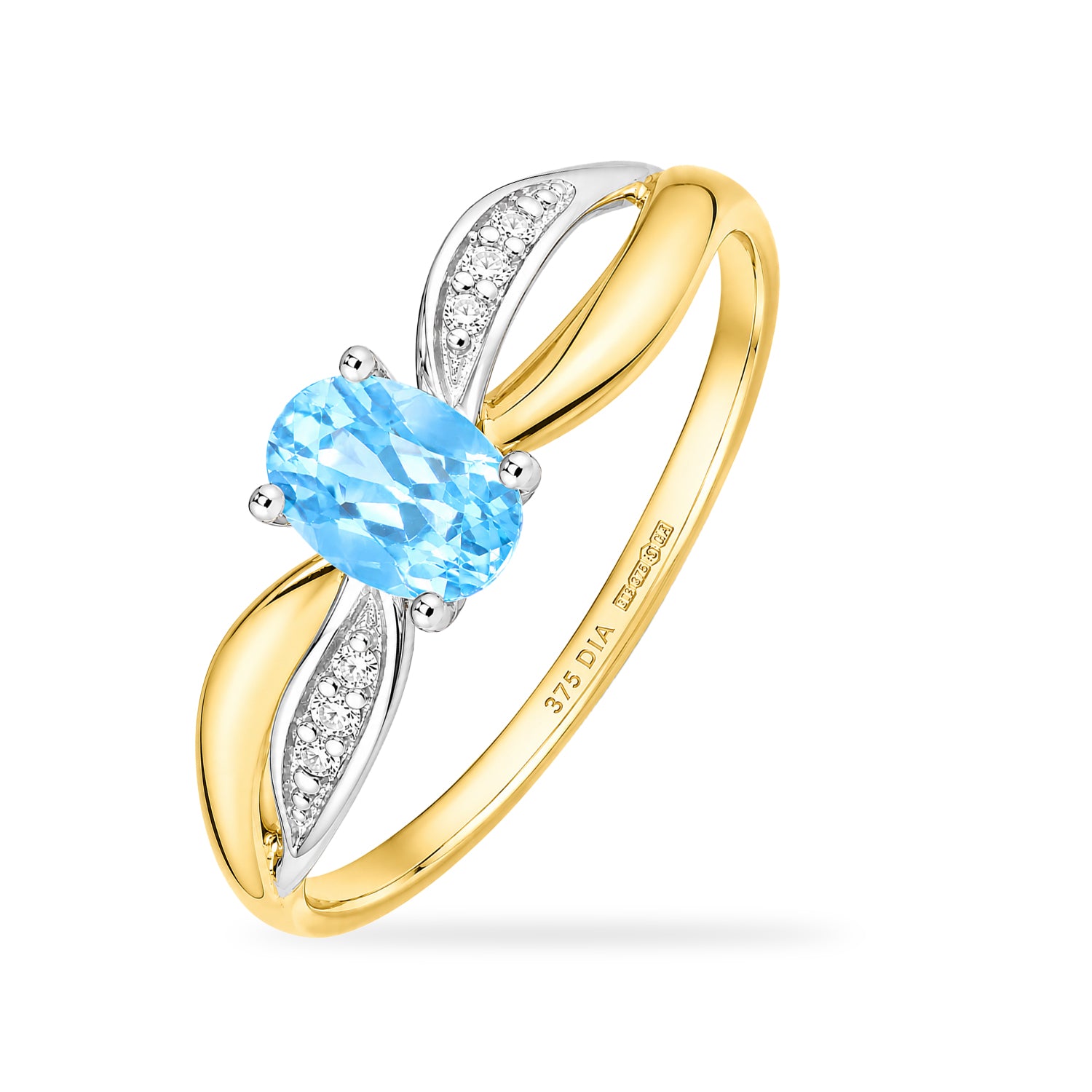 9ct Yellow Gold Blue Topaz Engagement Ring with Diamond Crossover Shoulders