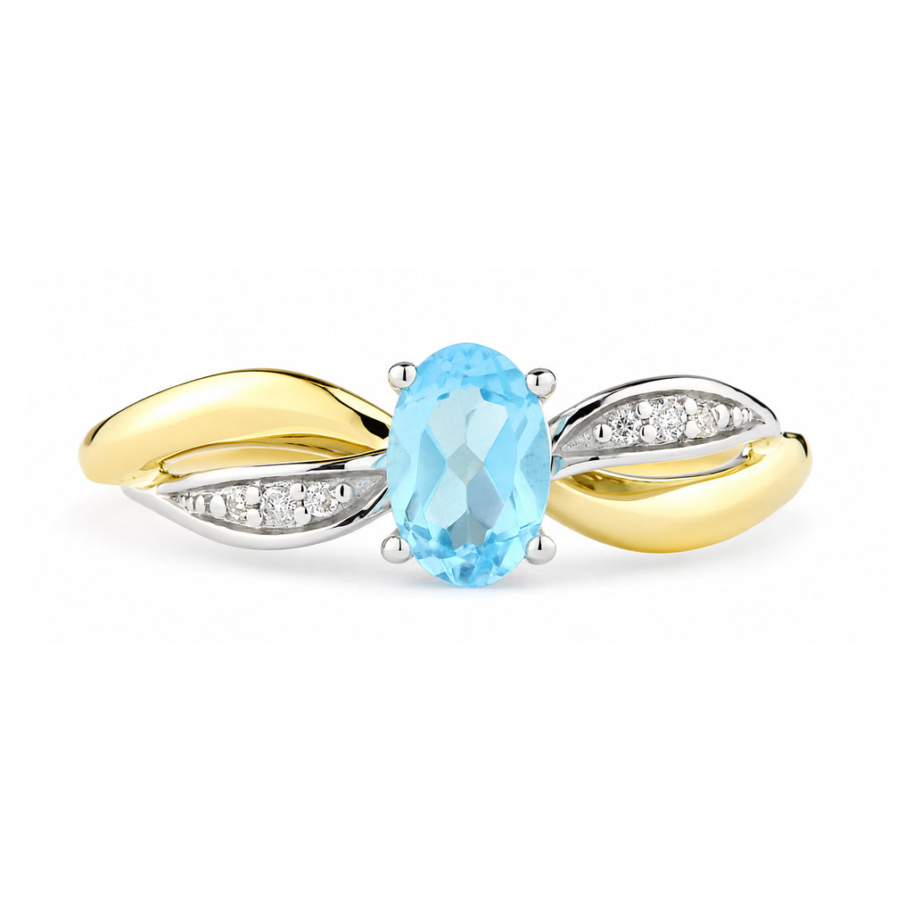9ct Yellow Gold Blue Topaz Engagement Ring with Diamond Crossover Shoulders