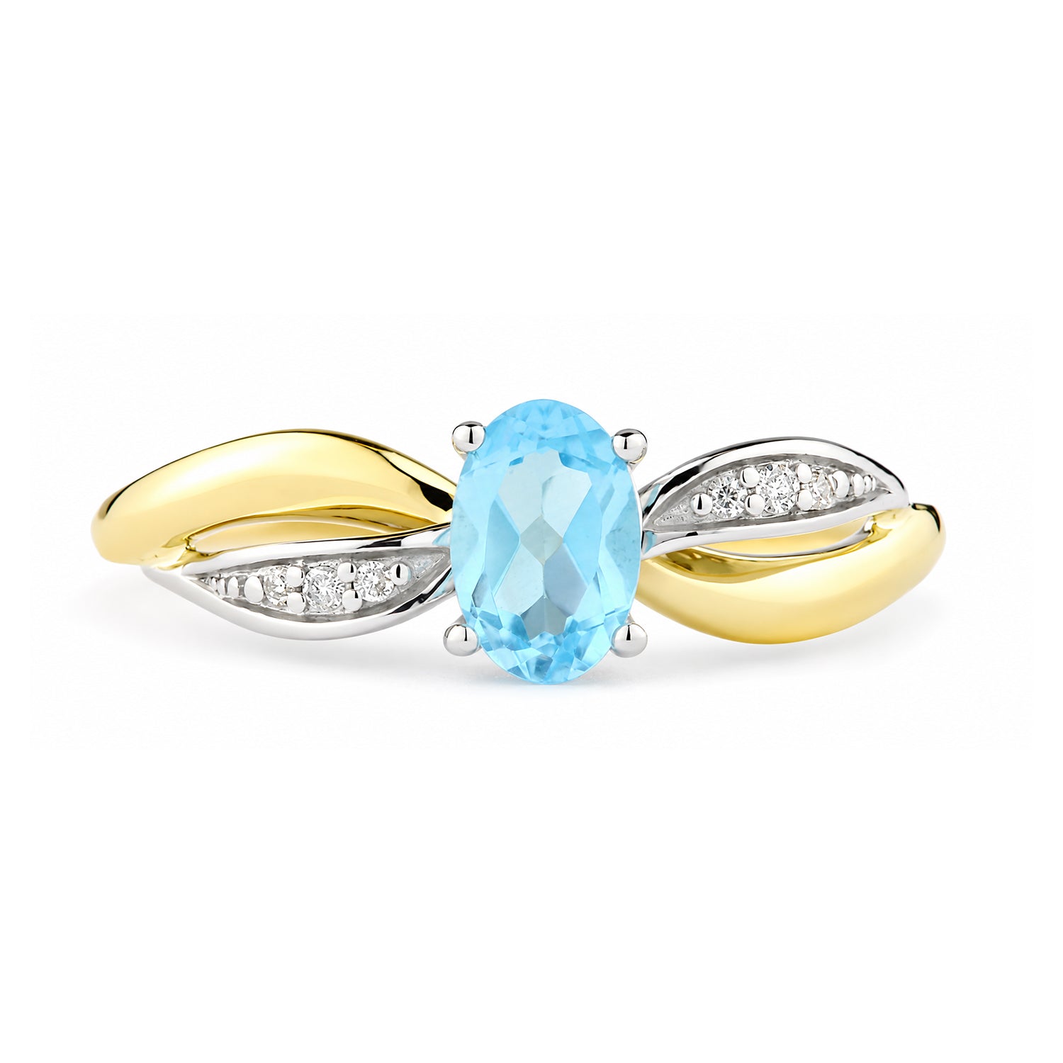 9ct Yellow Gold Blue Topaz Engagement Ring with Diamond Crossover Shoulders