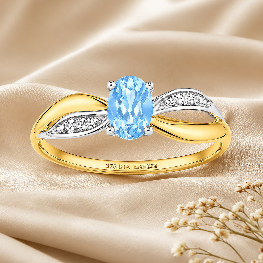 9ct Yellow Gold Blue Topaz Engagement Ring with Diamond Crossover Shoulders