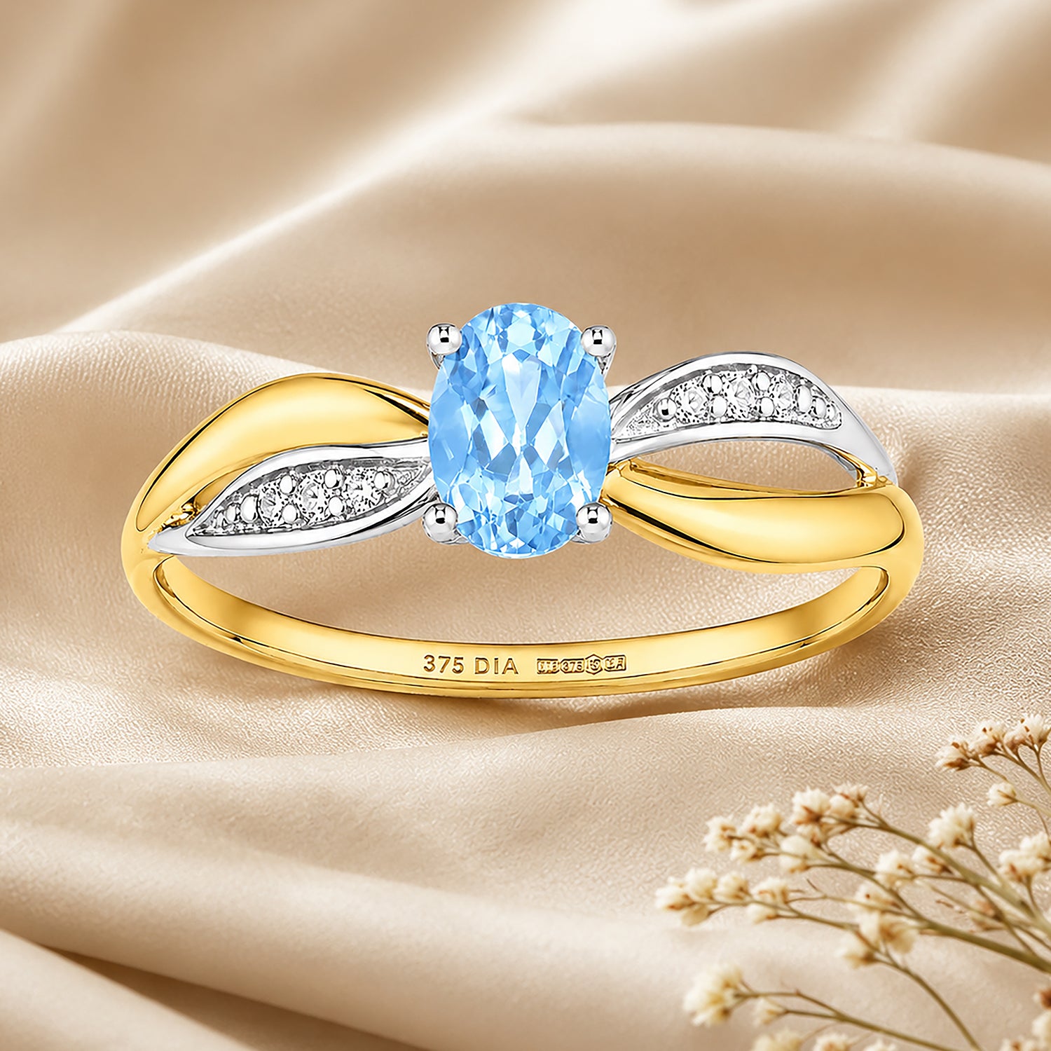 9ct Yellow Gold Blue Topaz Engagement Ring with Diamond Crossover Shoulders