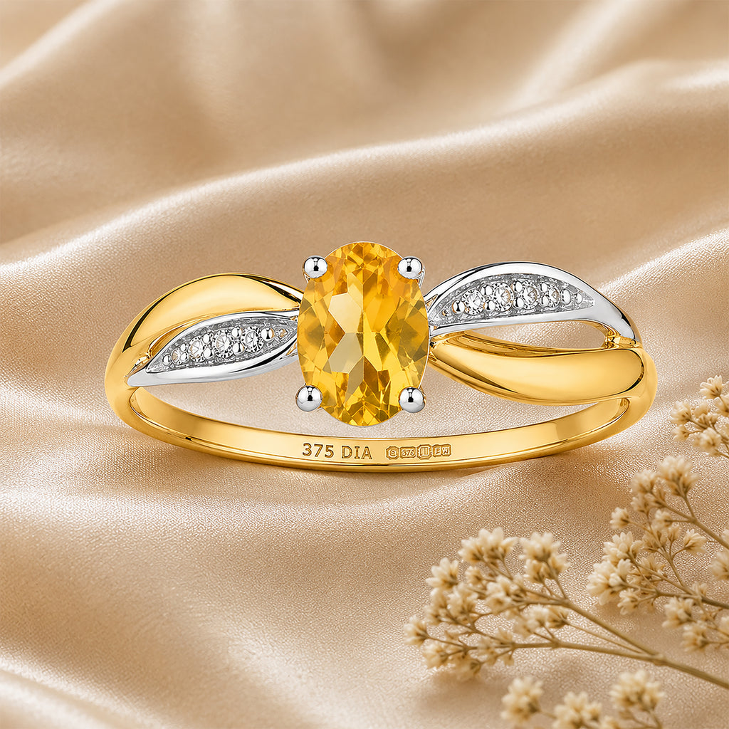 9ct Yellow Gold Citrine Engagement Ring with Diamond Crossover Shoulders
