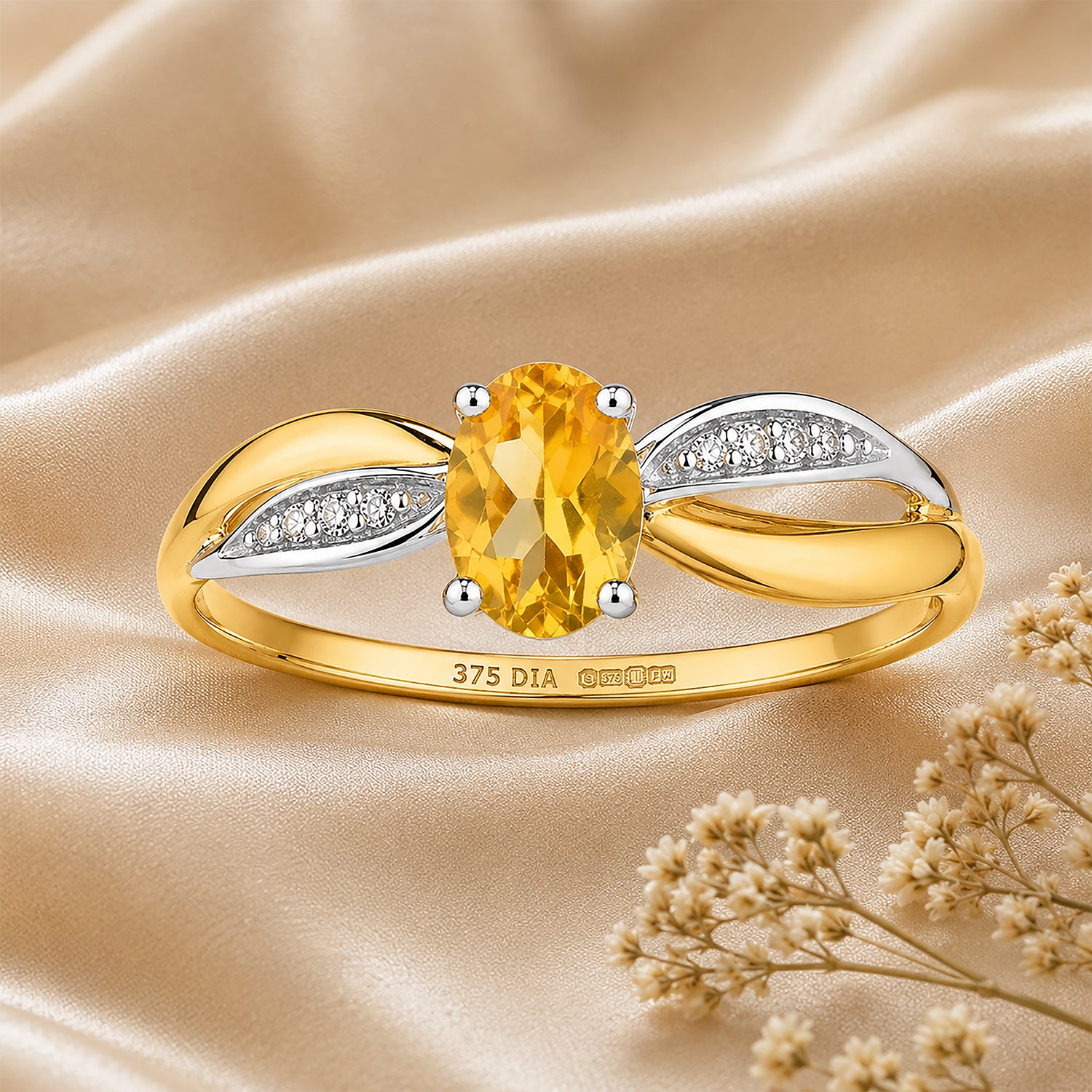 9ct Yellow Gold Citrine Engagement Ring with Diamond Crossover Shoulders