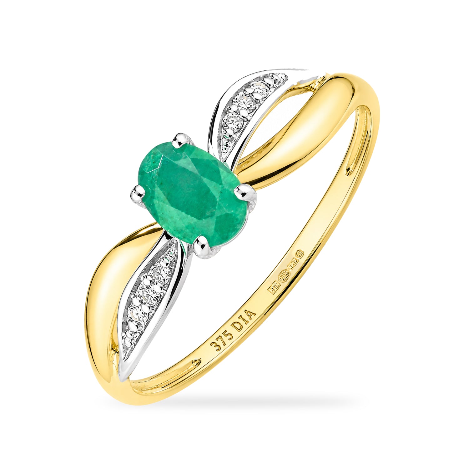 9ct Yellow Gold Emerald Engagement Ring with Diamond Crossover Shoulders