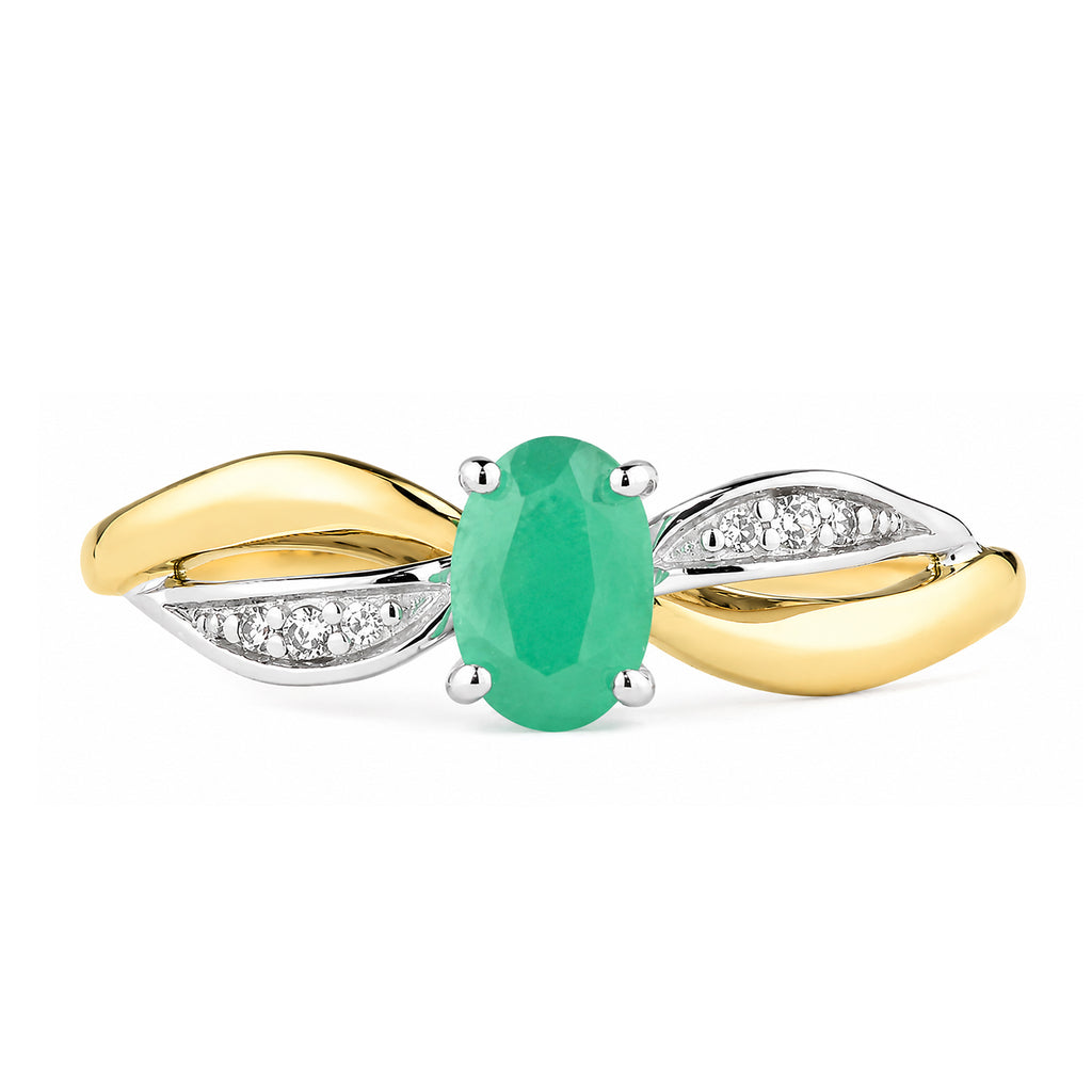 9ct Yellow Gold Emerald Engagement Ring with Diamond Crossover Shoulders