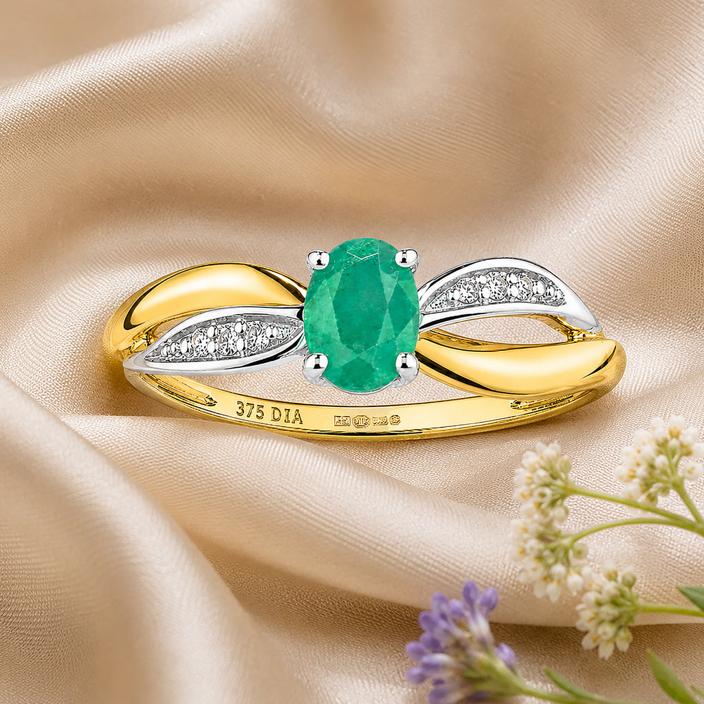 9ct Yellow Gold Emerald Engagement Ring with Diamond Crossover Shoulders