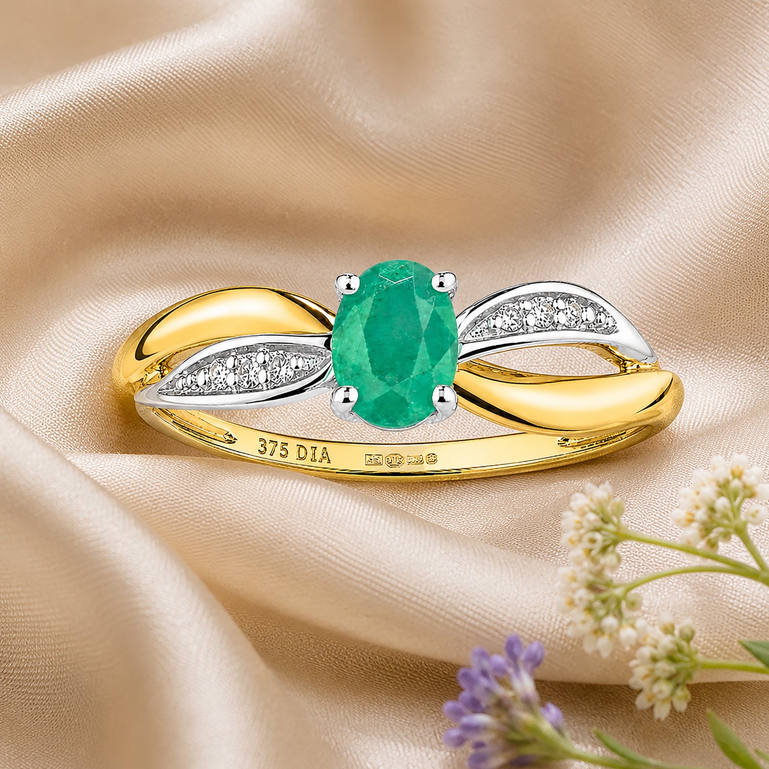 9ct Yellow Gold Emerald Engagement Ring with Diamond Crossover Shoulders