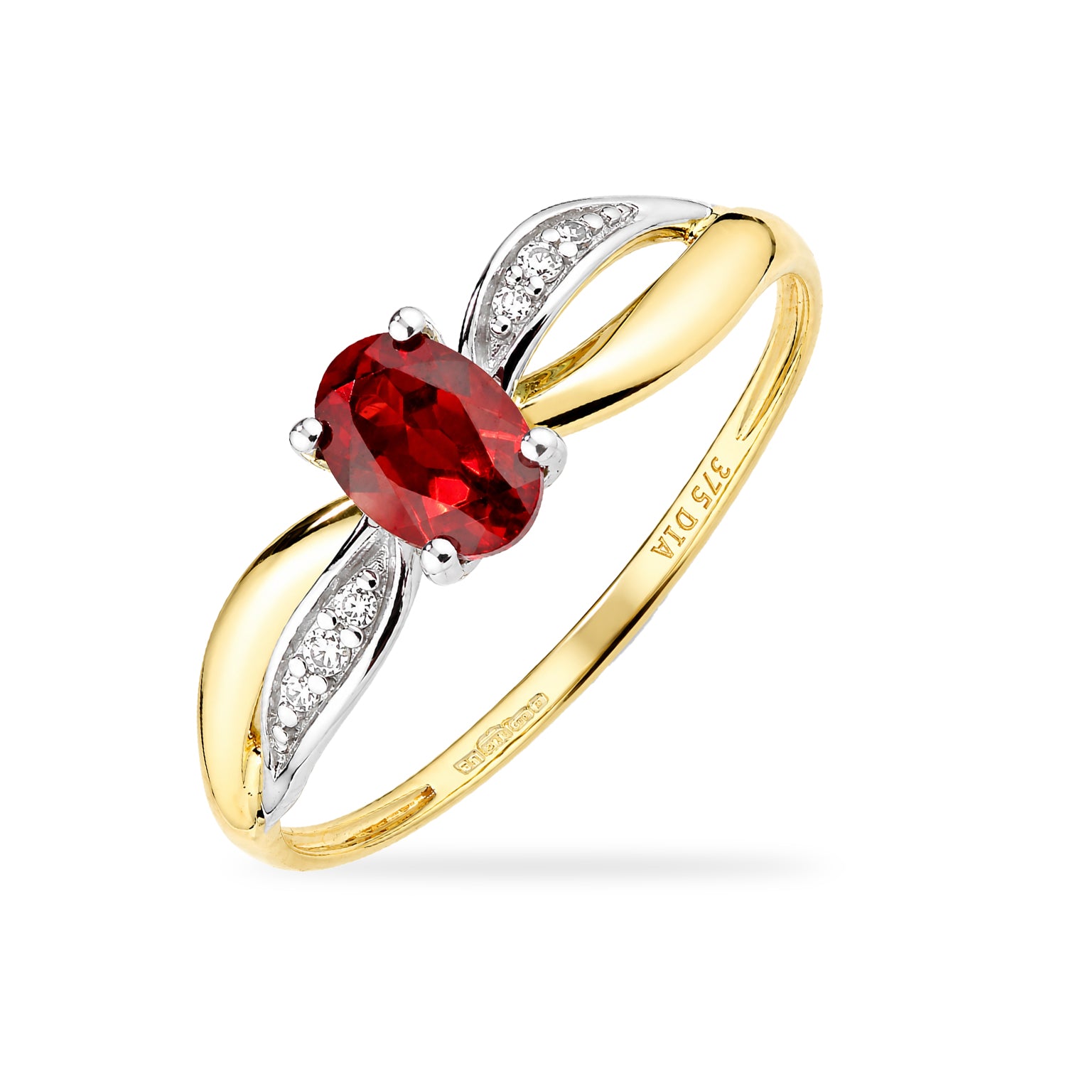 9ct Yellow Gold Garnet Engagement Ring with Diamond Crossover Shoulders