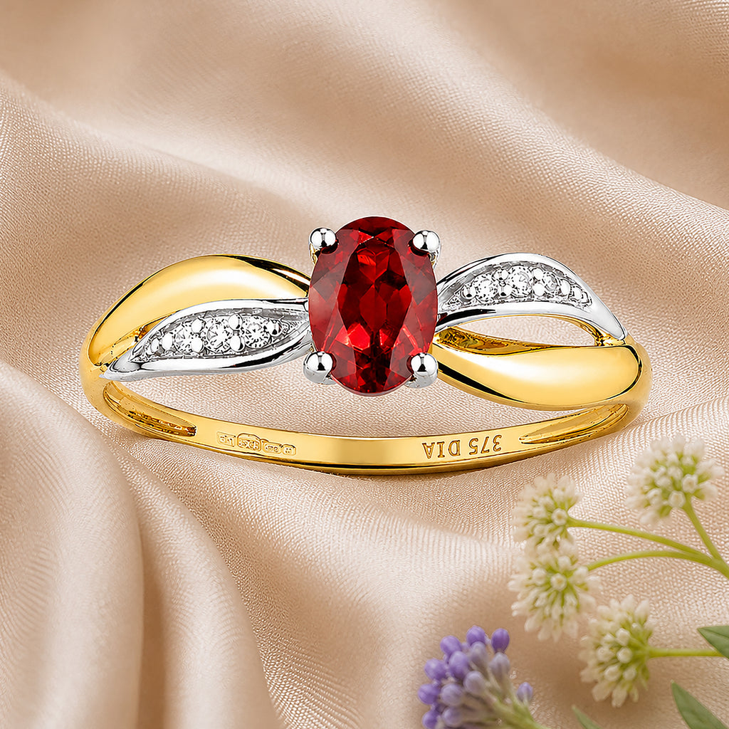 9ct Yellow Gold Garnet Engagement Ring with Diamond Crossover Shoulders