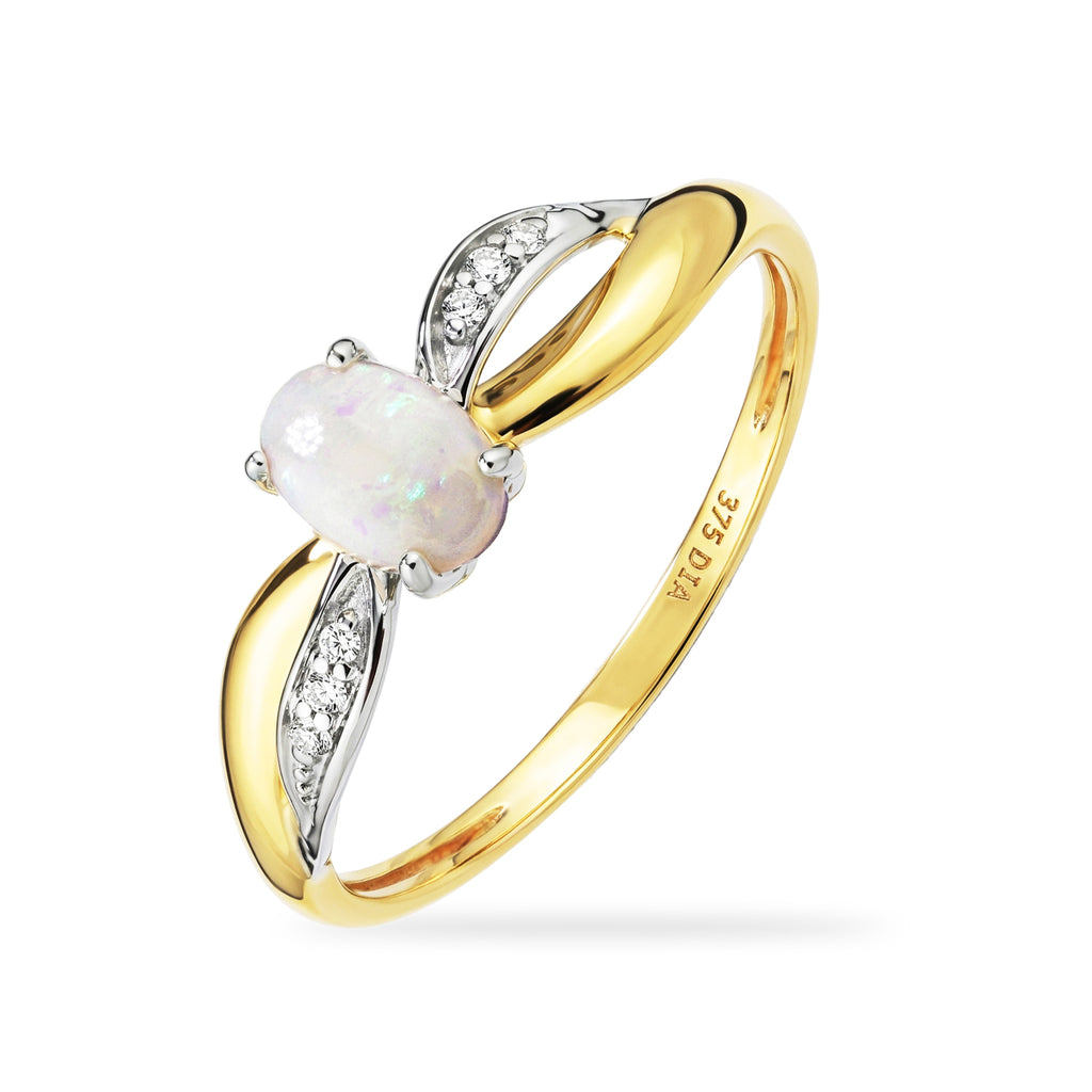 9ct Yellow Gold Opal Engagement Ring with Diamond Crossover Shoulders