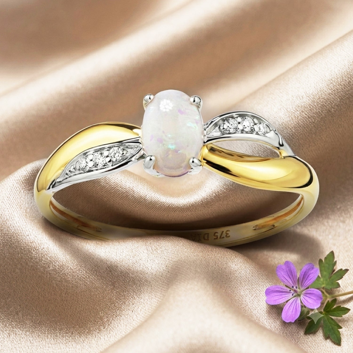 9ct Yellow Gold Opal Engagement Ring with Diamond Crossover Shoulders