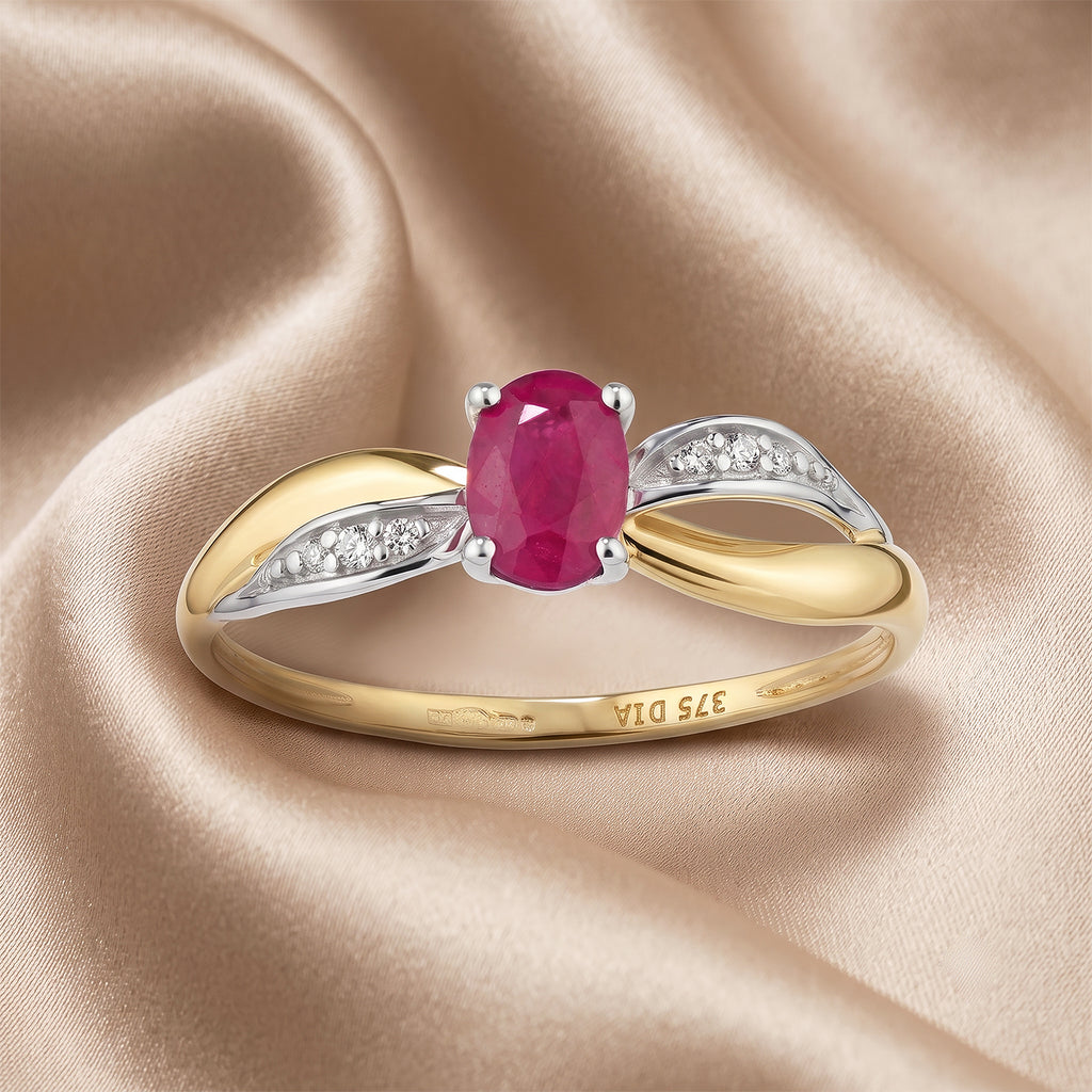 9ct Yellow Gold Ruby Engagement Ring with Diamond Crossover Shoulders