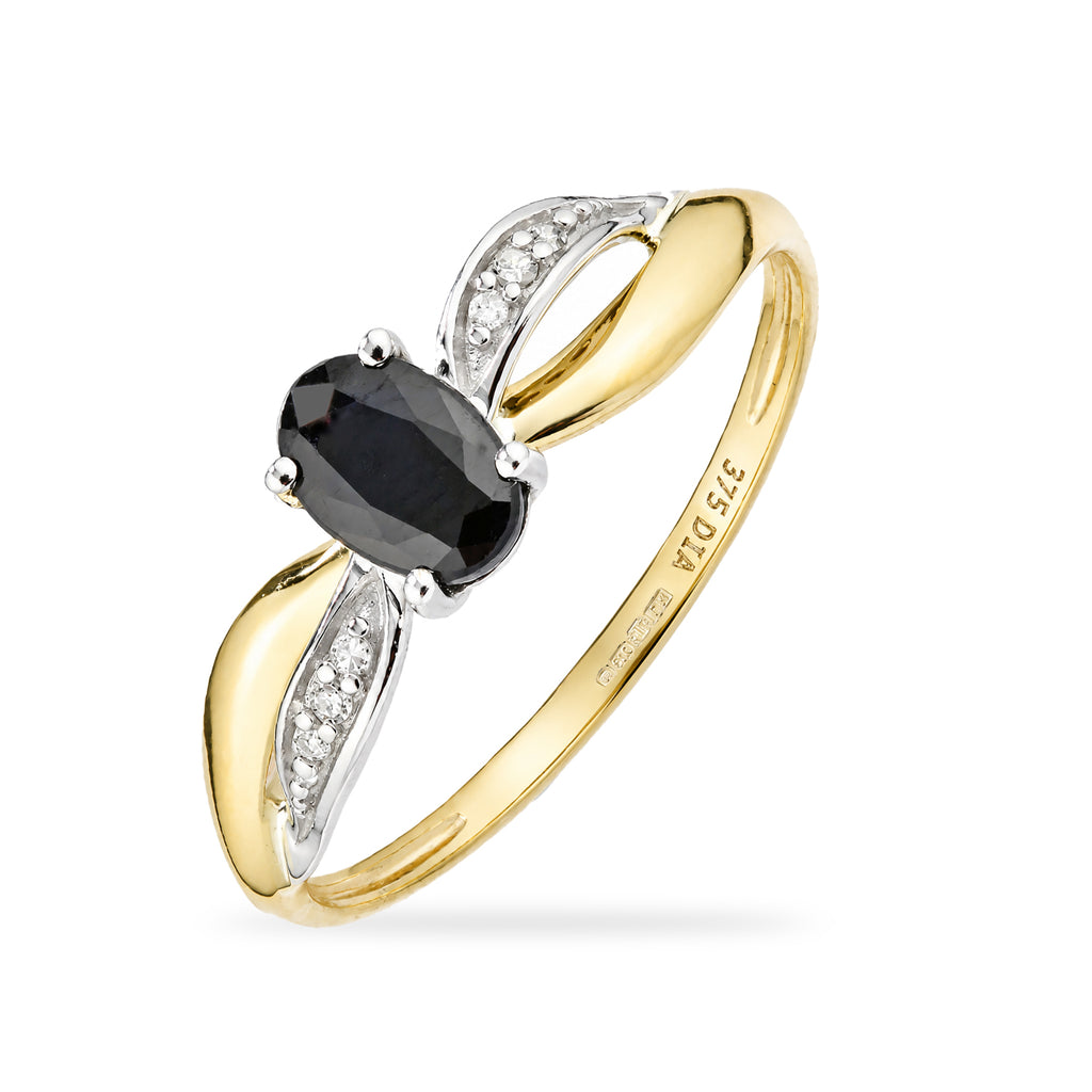 9ct Yellow Gold Sapphire Engagement Ring with Diamond Crossover Shoulders