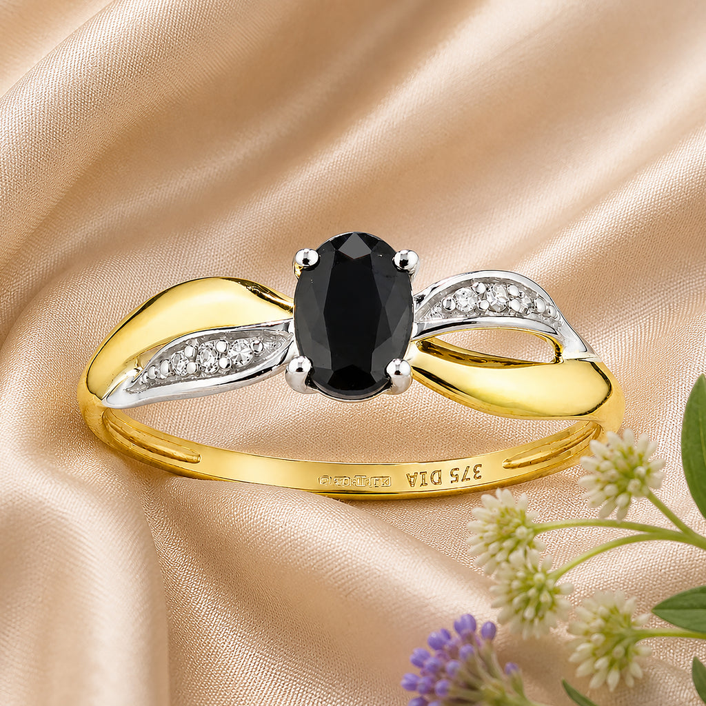 9ct Yellow Gold Sapphire Engagement Ring with Diamond Crossover Shoulders
