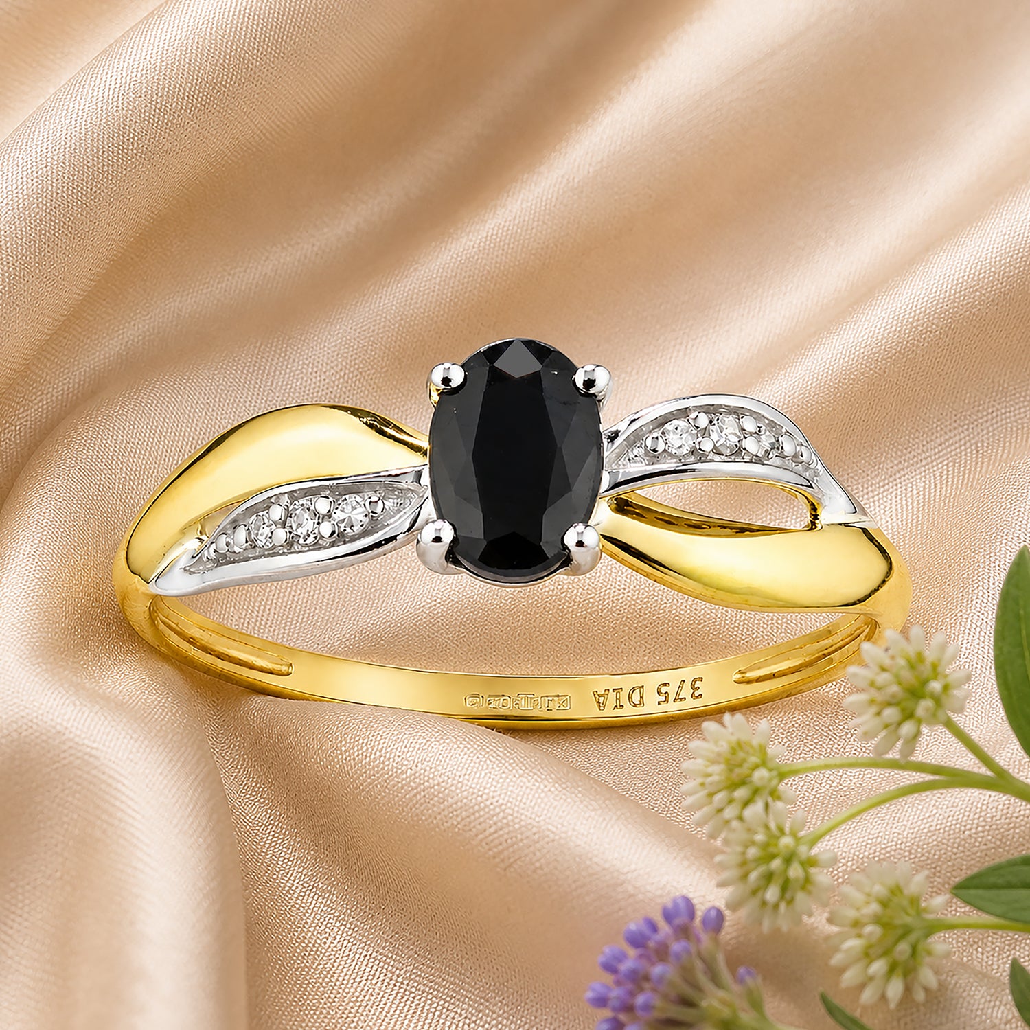 9ct Yellow Gold Sapphire Engagement Ring with Diamond Crossover Shoulders