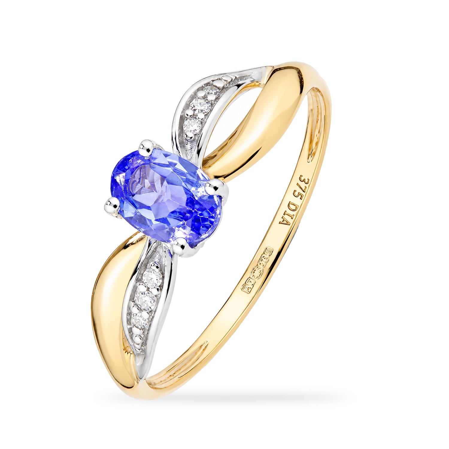 9ct Yellow Gold Tanzanite Engagement Ring with Diamond Crossover Shoulders