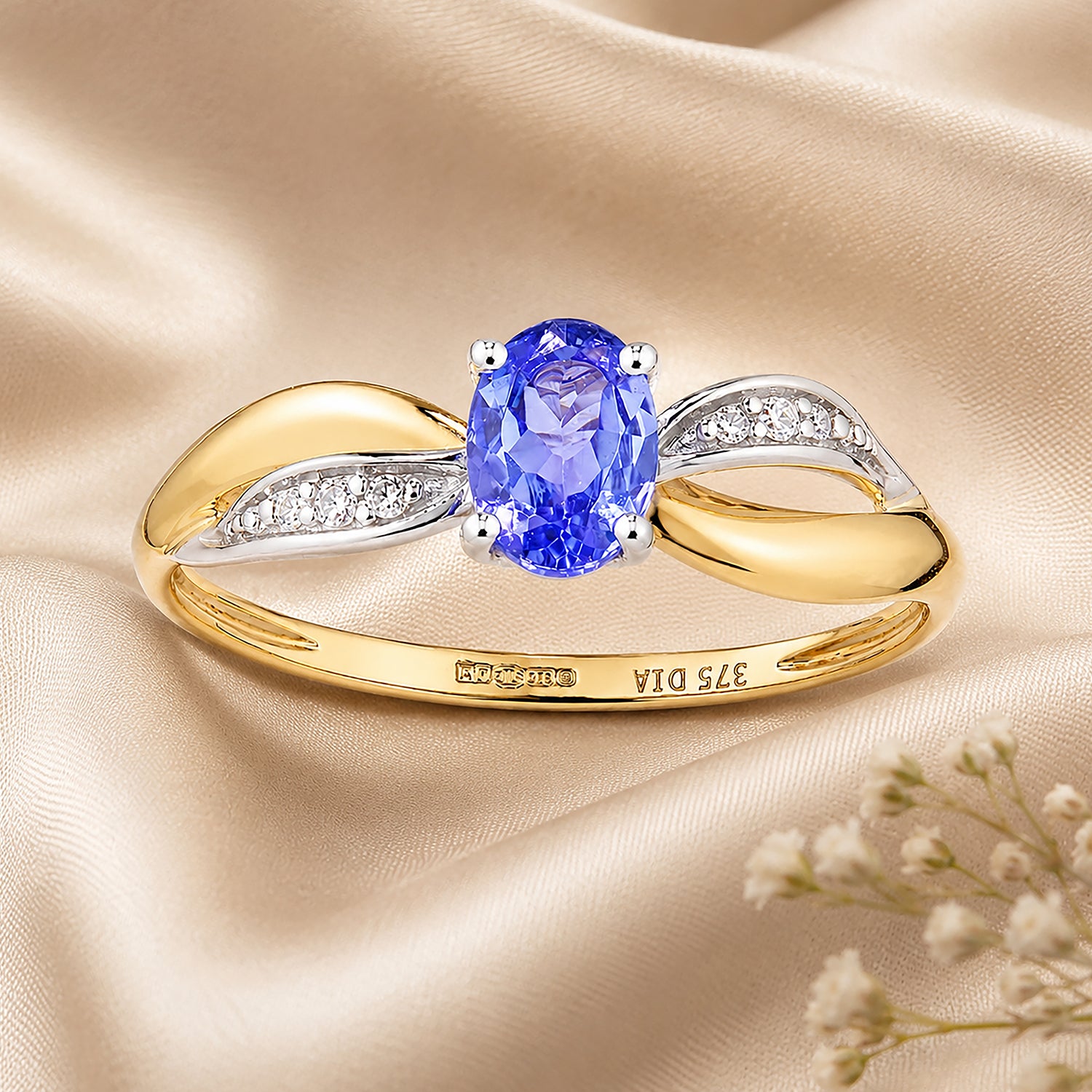9ct Yellow Gold Tanzanite Engagement Ring with Diamond Crossover Shoulders