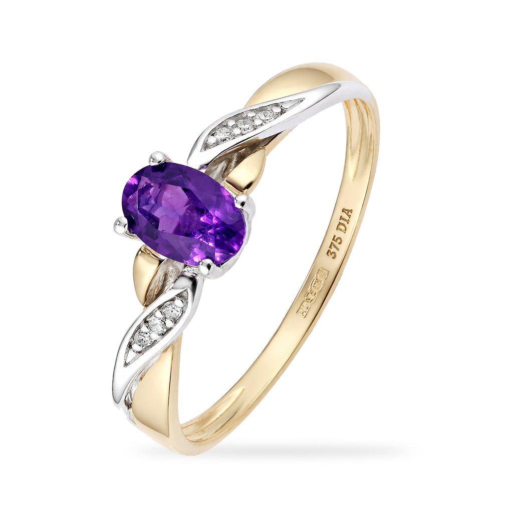 9ct Yellow Gold Amethyst Engagement Ring with Diamond Kiss Shoulders