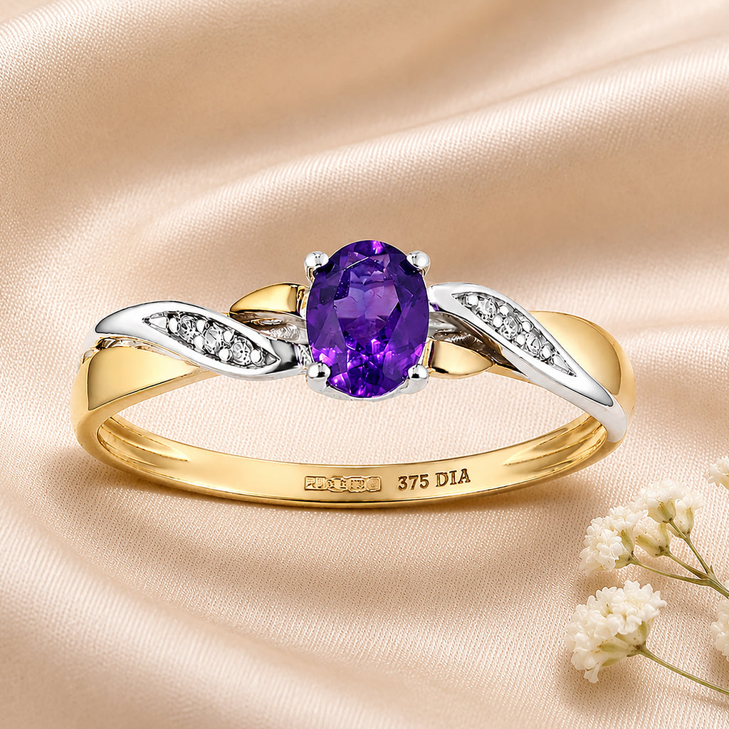 9ct Yellow Gold Amethyst Engagement Ring with Diamond Kiss Shoulders