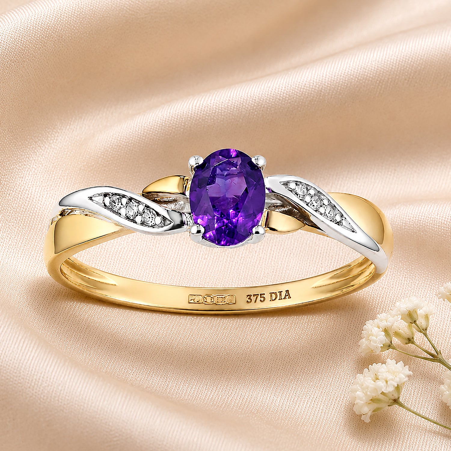 9ct Yellow Gold Amethyst Engagement Ring with Diamond Kiss Shoulders