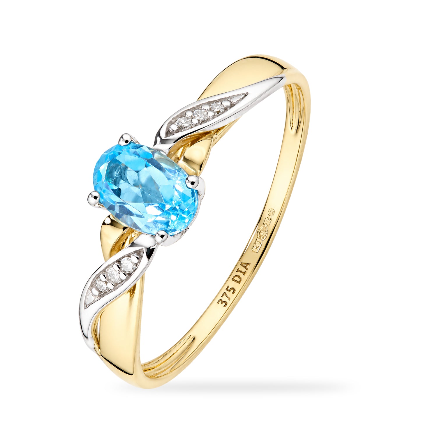 9ct Yellow Gold Blue Topaz Engagement Ring with Diamond Kiss Shoulders