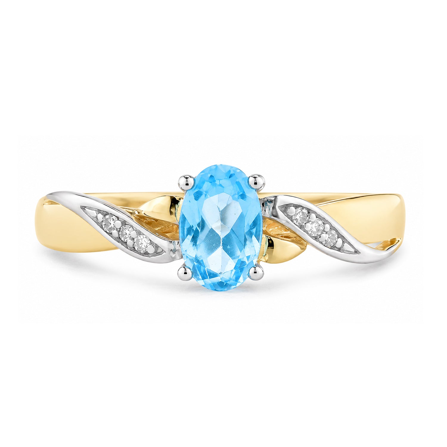 9ct Yellow Gold Blue Topaz Engagement Ring with Diamond Kiss Shoulders