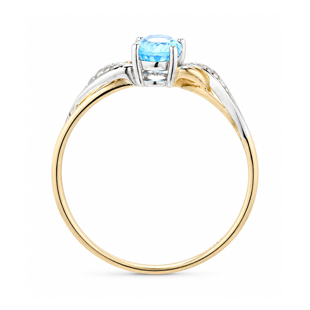 9ct Yellow Gold Blue Topaz Engagement Ring with Diamond Kiss Shoulders