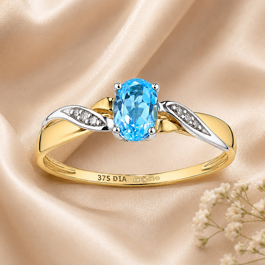 9ct Yellow Gold Blue Topaz Engagement Ring with Diamond Kiss Shoulders