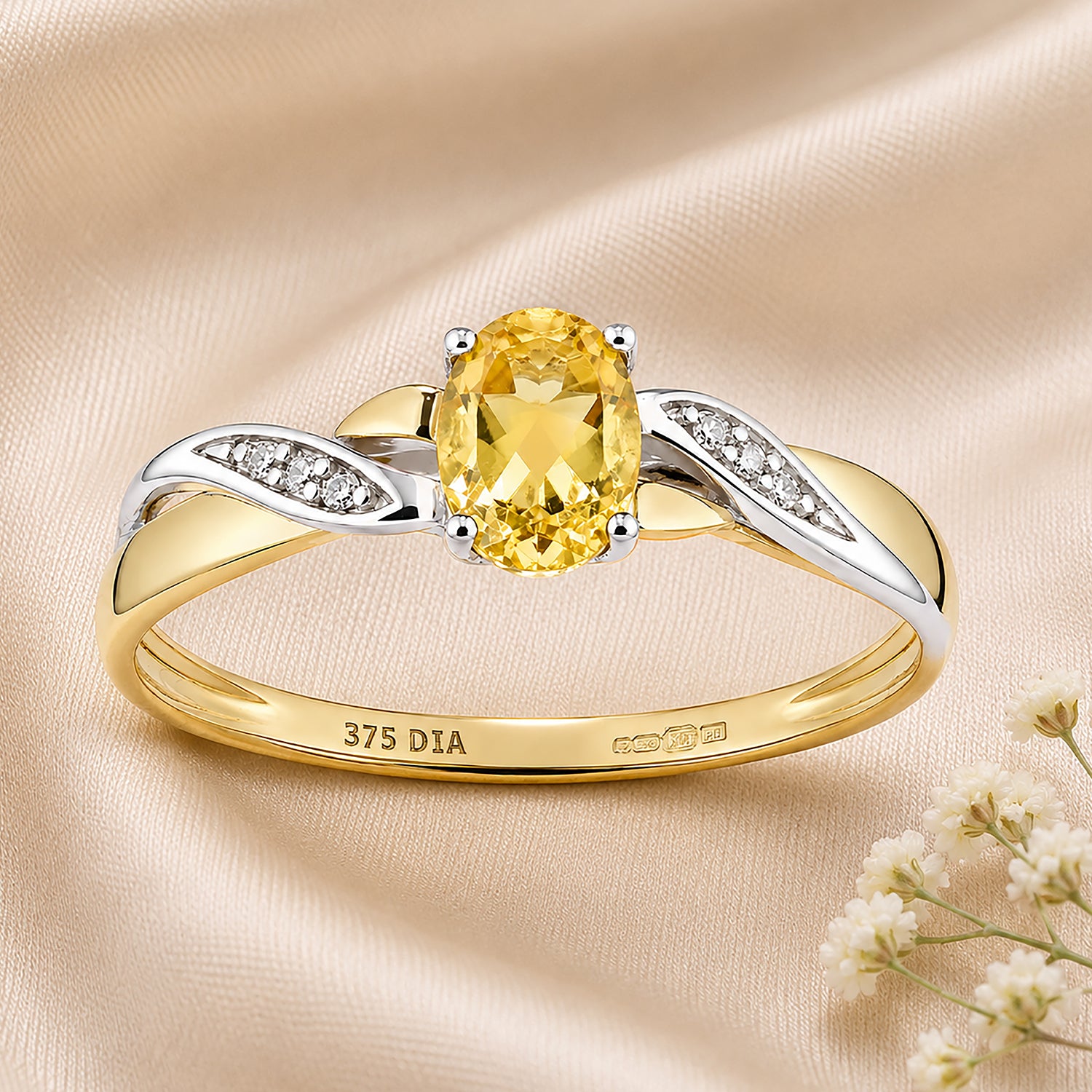 9ct Yellow Gold Citrine Engagement Ring with Diamond Kiss Shoulders