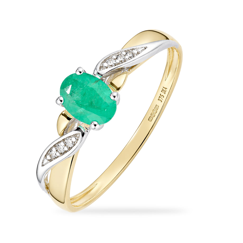 9ct Yellow Gold Emerald Engagement Ring with Diamond Kiss Shoulders