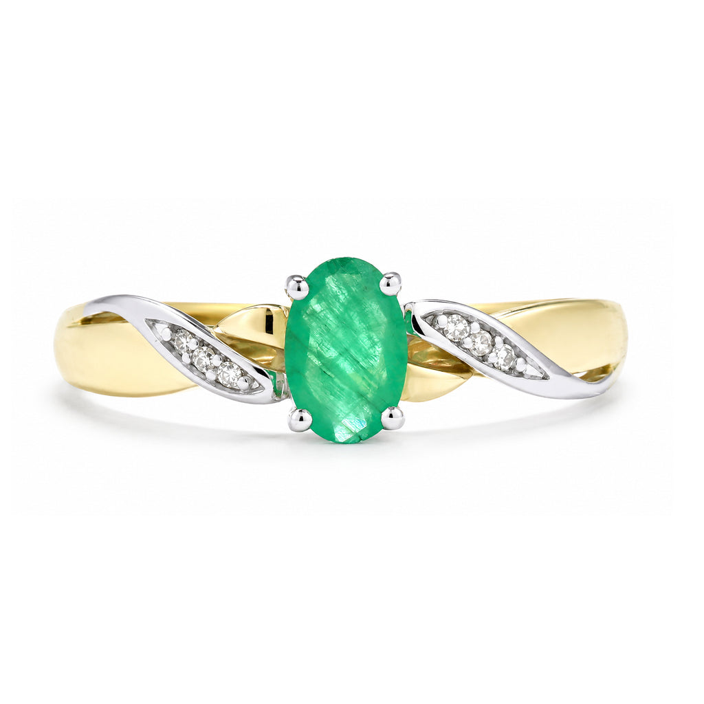 9ct Yellow Gold Emerald Engagement Ring with Diamond Kiss Shoulders