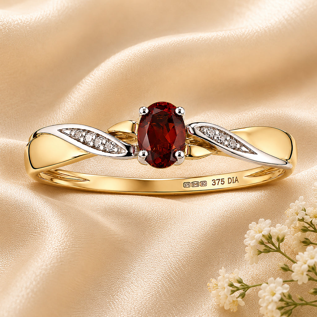 9ct Yellow Gold Garnet Engagement Ring with Diamond Kiss Shoulders