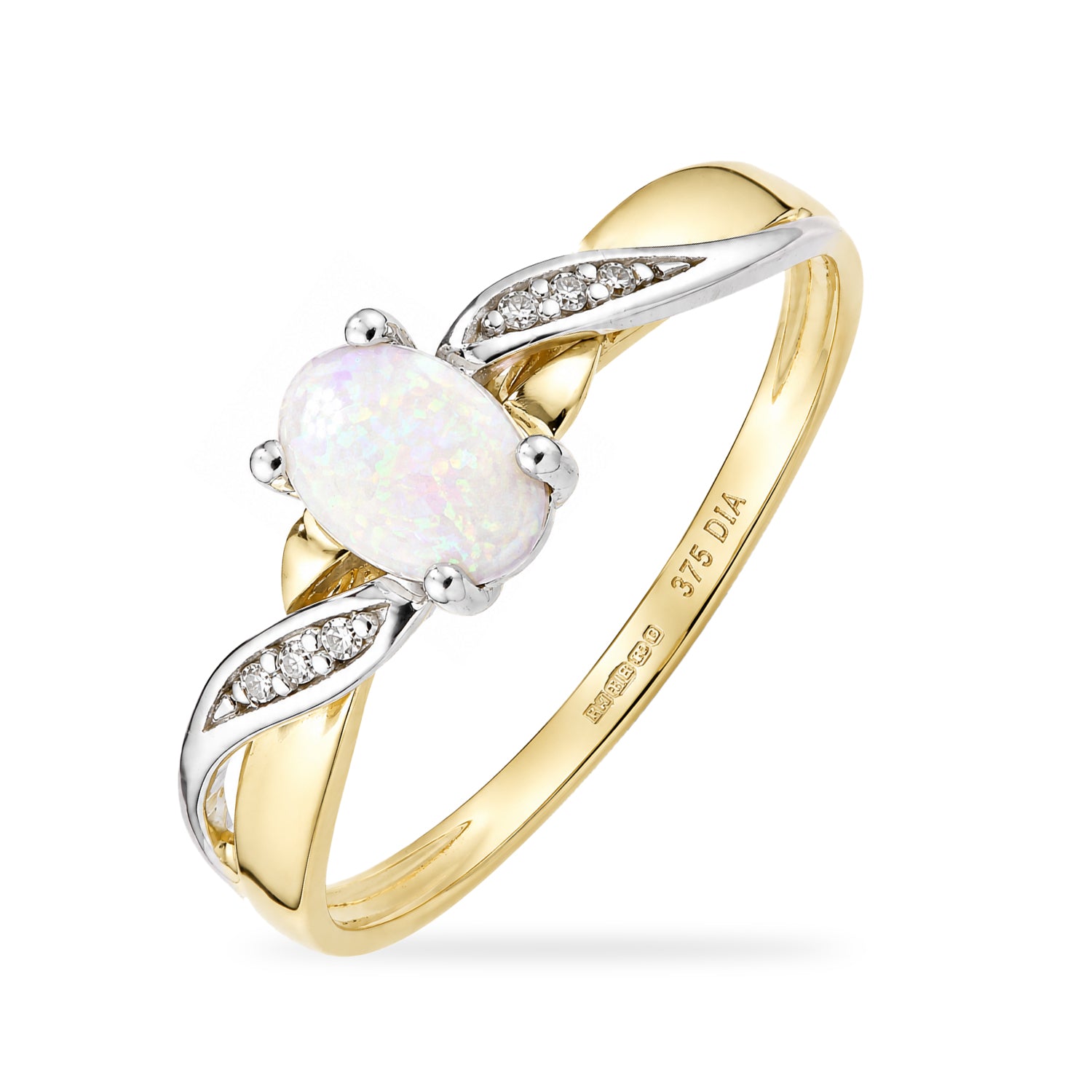 9ct Yellow Gold Opal Engagement Ring with Diamond Kiss Shoulders