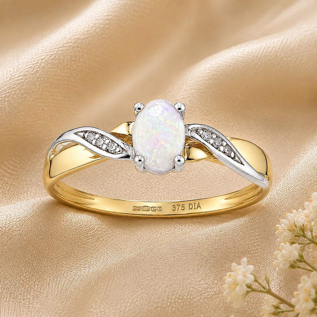 9ct Yellow Gold Opal Engagement Ring with Diamond Kiss Shoulders