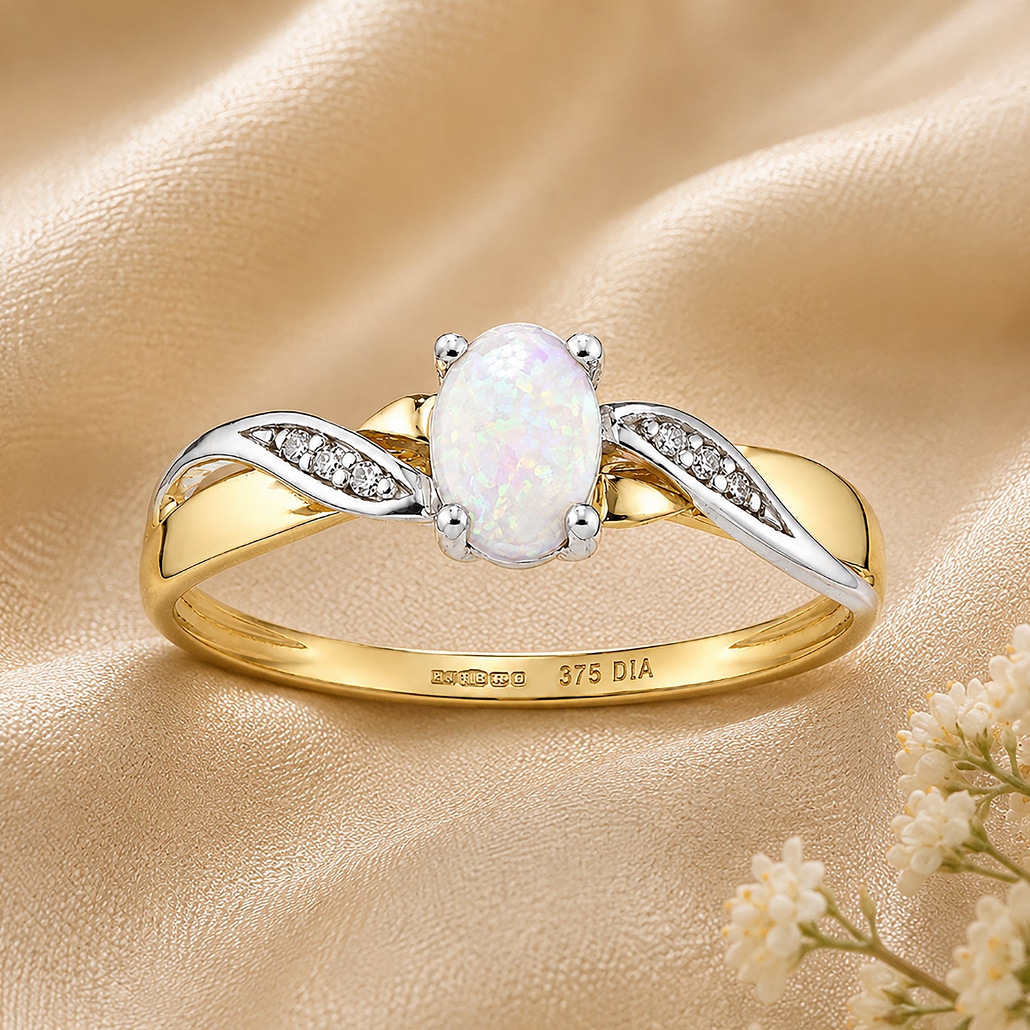 9ct Yellow Gold Opal Engagement Ring with Diamond Kiss Shoulders