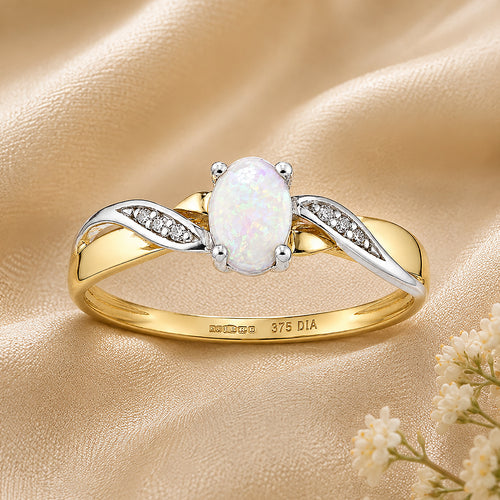 9ct Yellow Gold Opal Engagement Ring with Diamond Kiss Shoulders