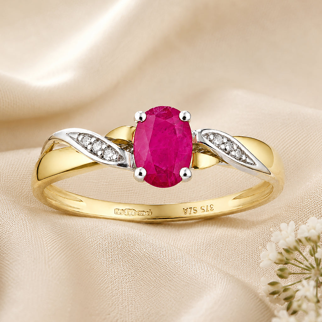 9ct Yellow Gold Ruby Engagement Ring with Diamond Kiss Shoulders