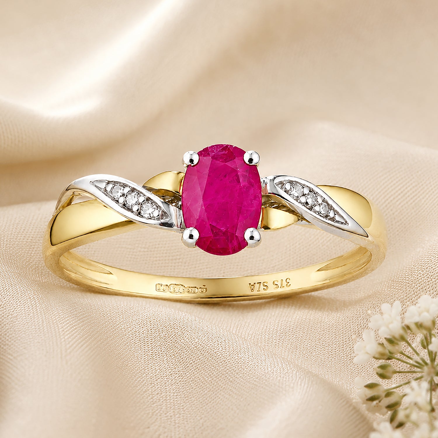 9ct Yellow Gold Ruby Engagement Ring with Diamond Kiss Shoulders
