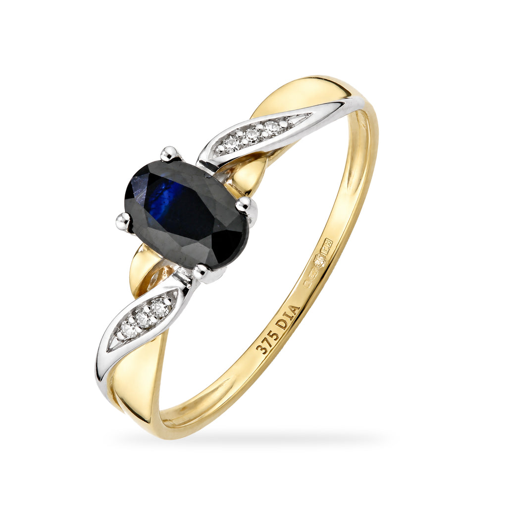 9ct Yellow Gold Sapphire Engagement Ring with Diamond Kiss Shoulders