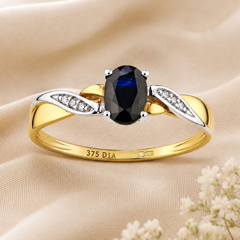 9ct Yellow Gold Sapphire Engagement Ring with Diamond Kiss Shoulders