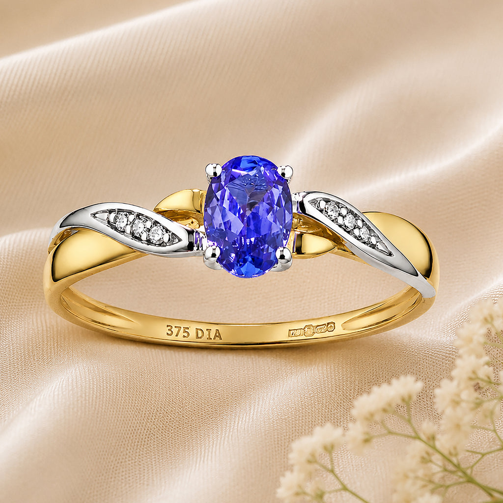 9ct Yellow Gold Tanzanite Engagement Ring with Diamond Kiss Shoulders