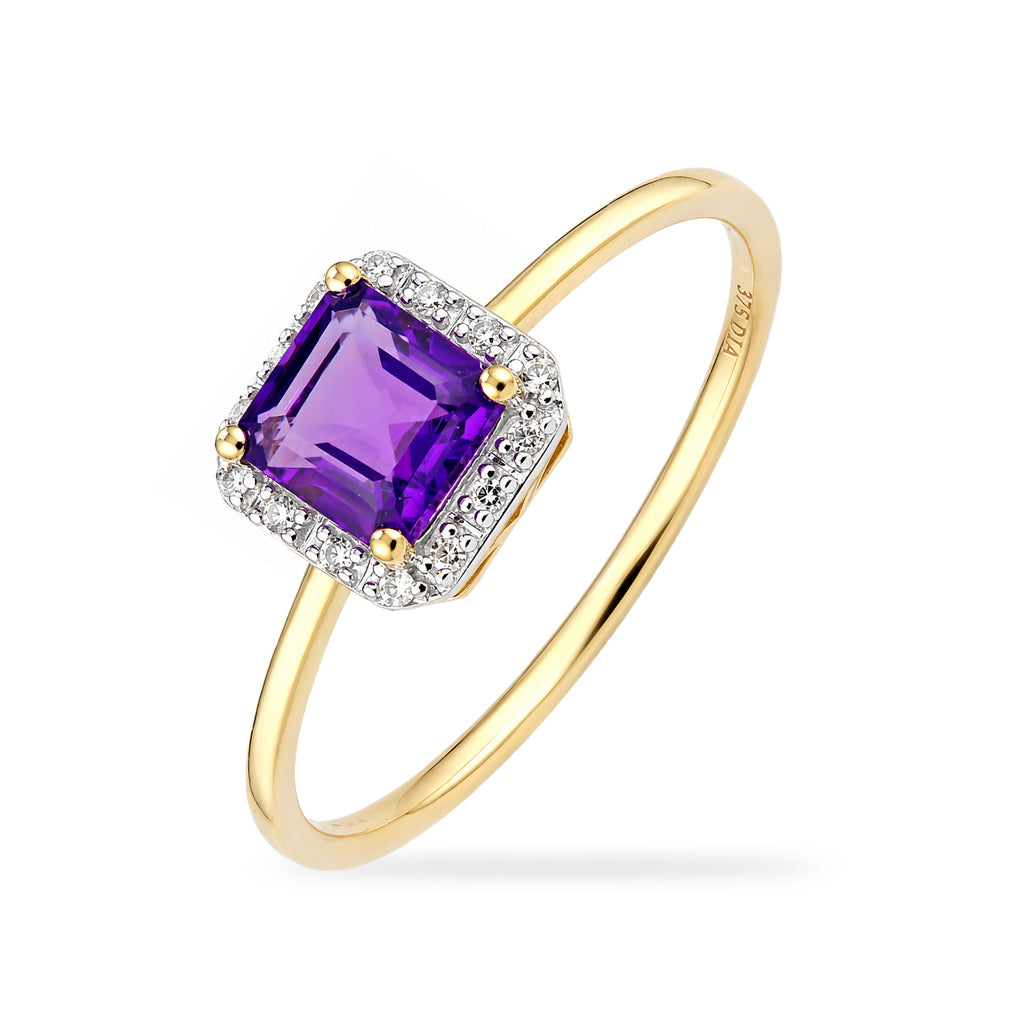 9ct Yellow Gold Cushion Amethyst and Diamond Halo Ring
