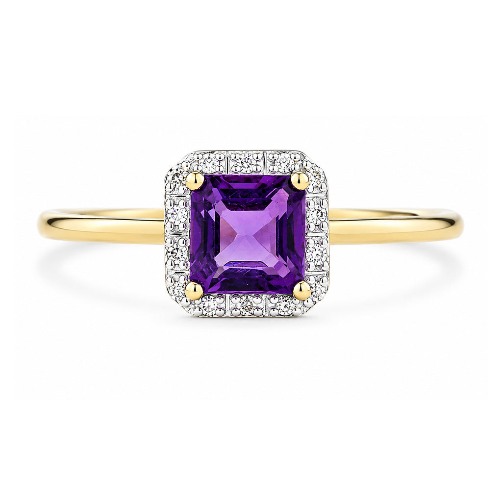 9ct Yellow Gold Cushion Amethyst and Diamond Halo Ring