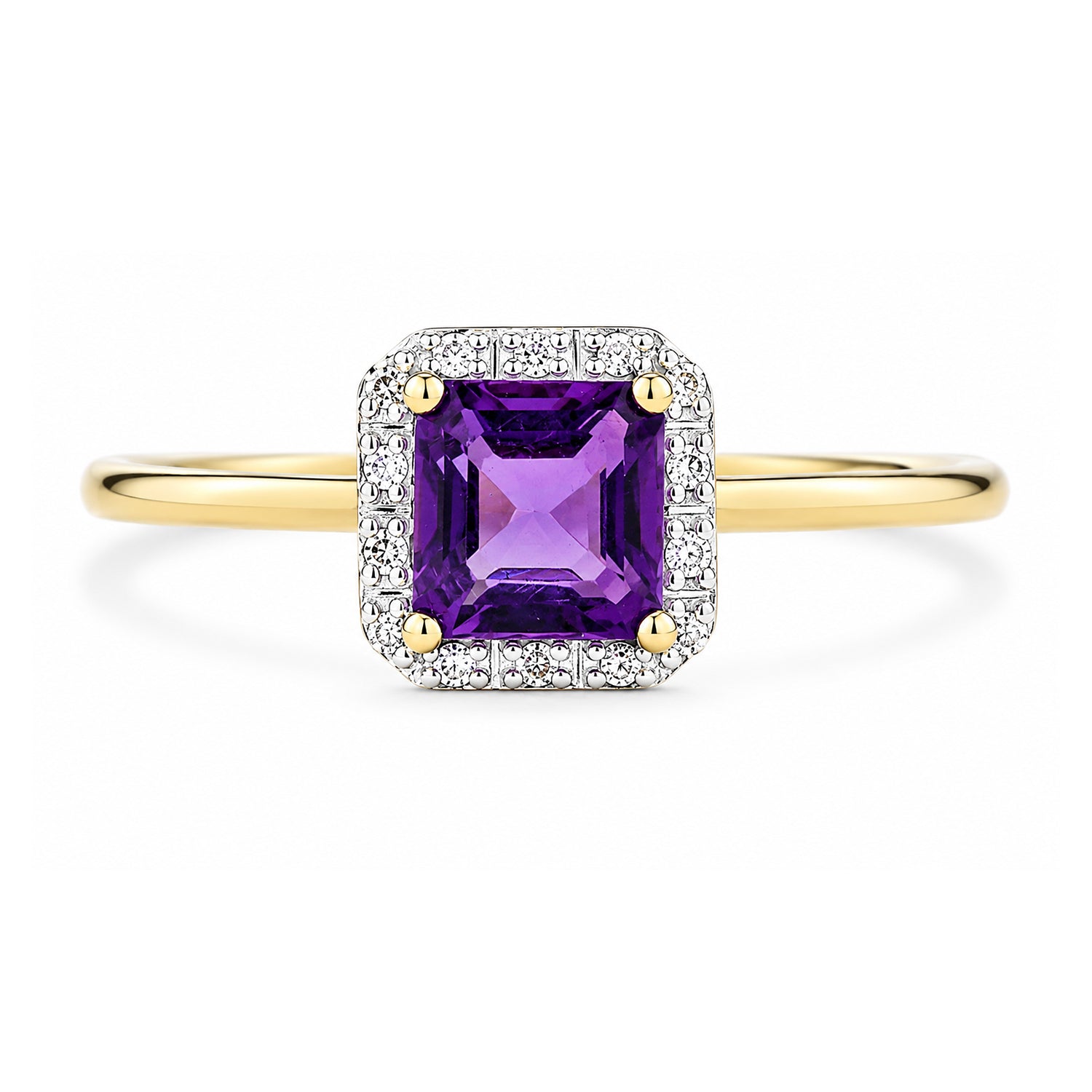 9ct Yellow Gold Cushion Amethyst and Diamond Halo Ring