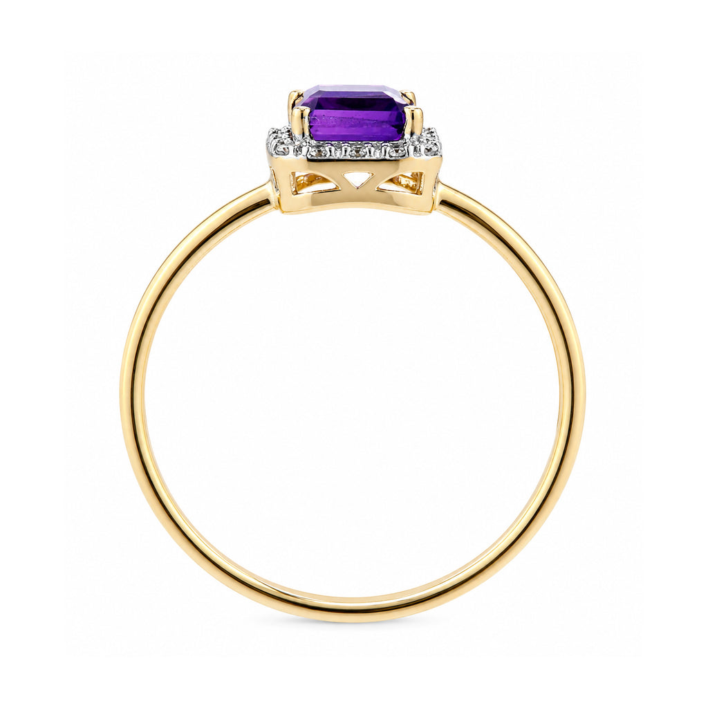 9ct Yellow Gold Cushion Amethyst and Diamond Halo Ring
