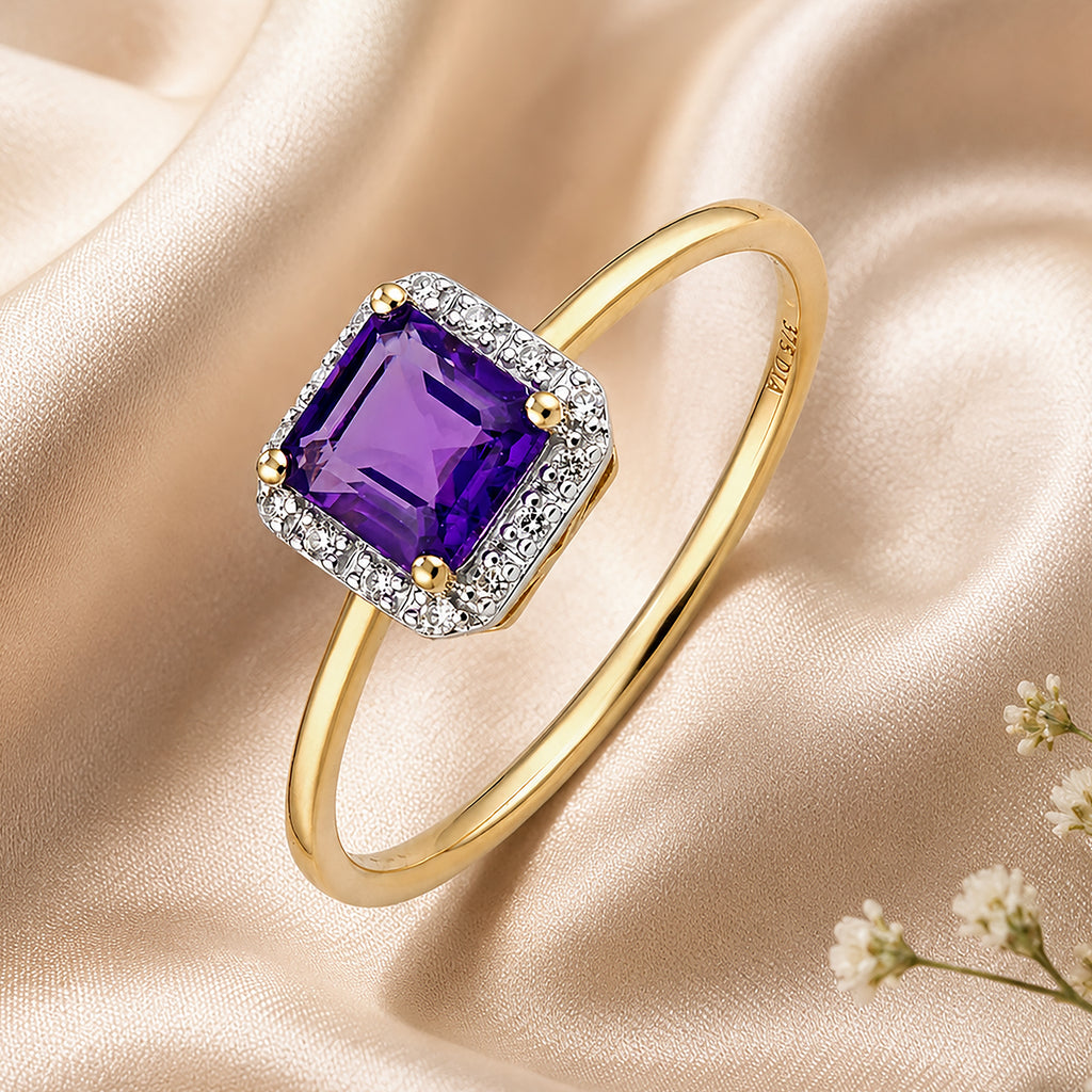 9ct Yellow Gold Cushion Amethyst and Diamond Halo Ring