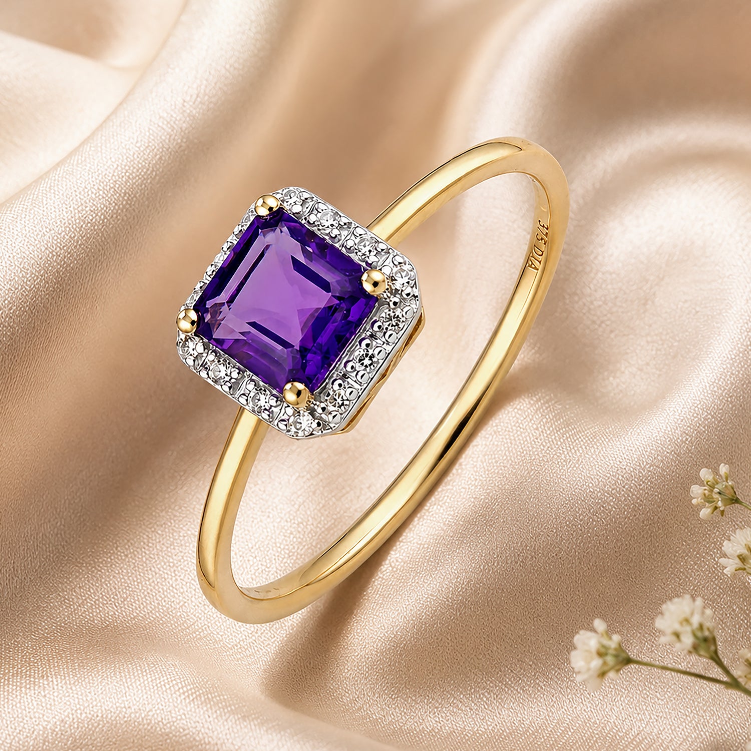 9ct Yellow Gold Cushion Amethyst and Diamond Halo Ring