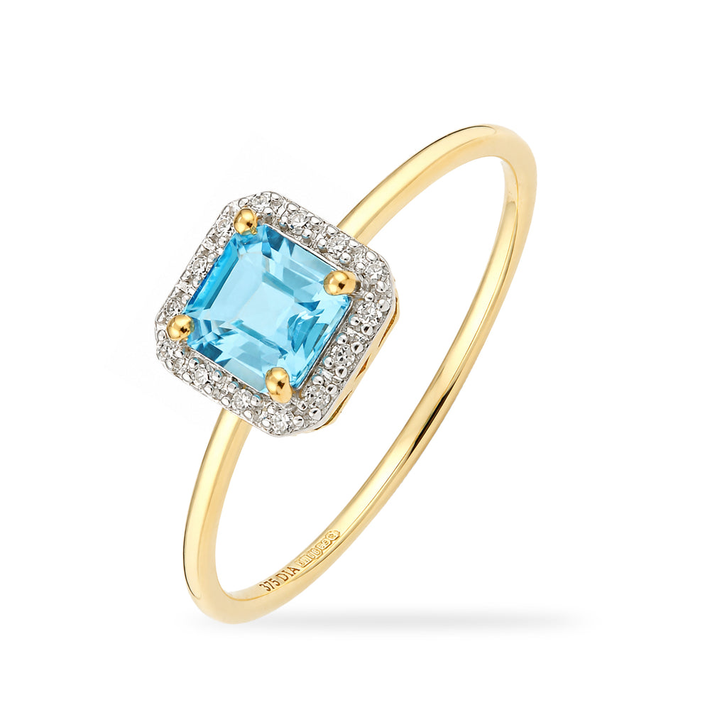 9ct Yellow Gold Cushion Blue Topaz and Diamond Halo Ring